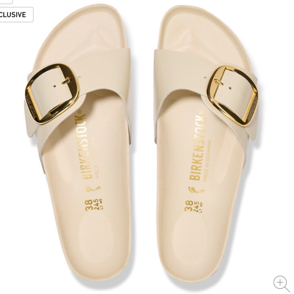 NWT Birkenstock Madrid High Shine Ecru Big Buckle Gold Beige Sandals